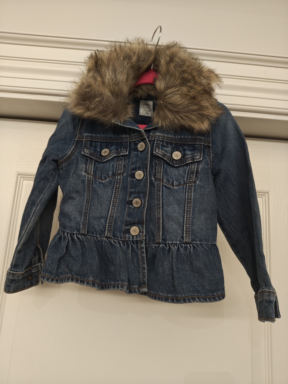 GAP Girls Denim Jacket with Faux Fur Collar - Blue & Brown